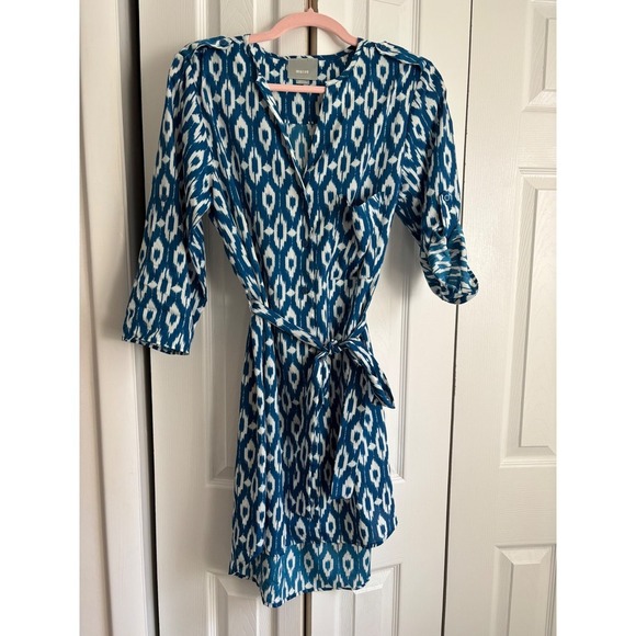 Maeve by Anthropologie Teal Ikat Button-Up Shirt Dress Size Small Tab Sleeves - Picture 6 of 10
